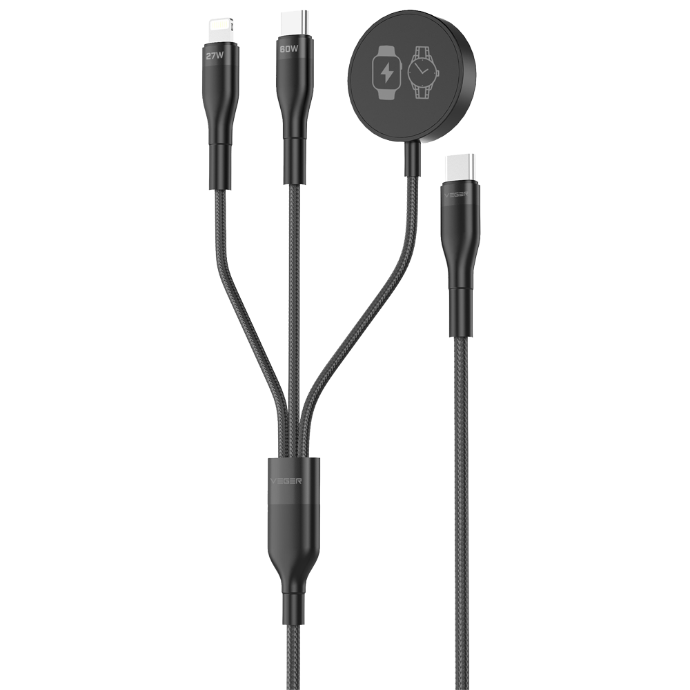 VEGER VG-V730 - Veger - Cable USB 2.0 3 en 1 - USB-C a USB-C, Lightning y Smartwatch - Cubierta de metal, Nylon trenzado - Longitud 1.5m - Color negro - imagen 1