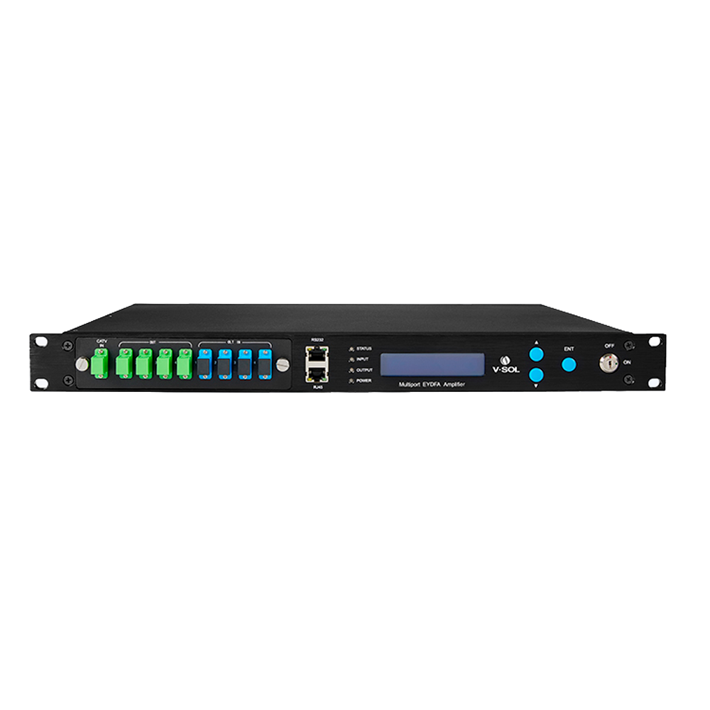 VSOL-V8816W-4P-22 - Vsol CATV PON EYDFA 4 puertos 22 dbm - EYDFA PON de alta potencia 1550 nm - Compatible con FTTx PON: EPON, GPON, 10GPON - Entradas de fibra dual CATV/PON - Salida ajustable con DWDM ( 0~-4 dBm ) - Longitud de onda operacional (1545 ~ 1
