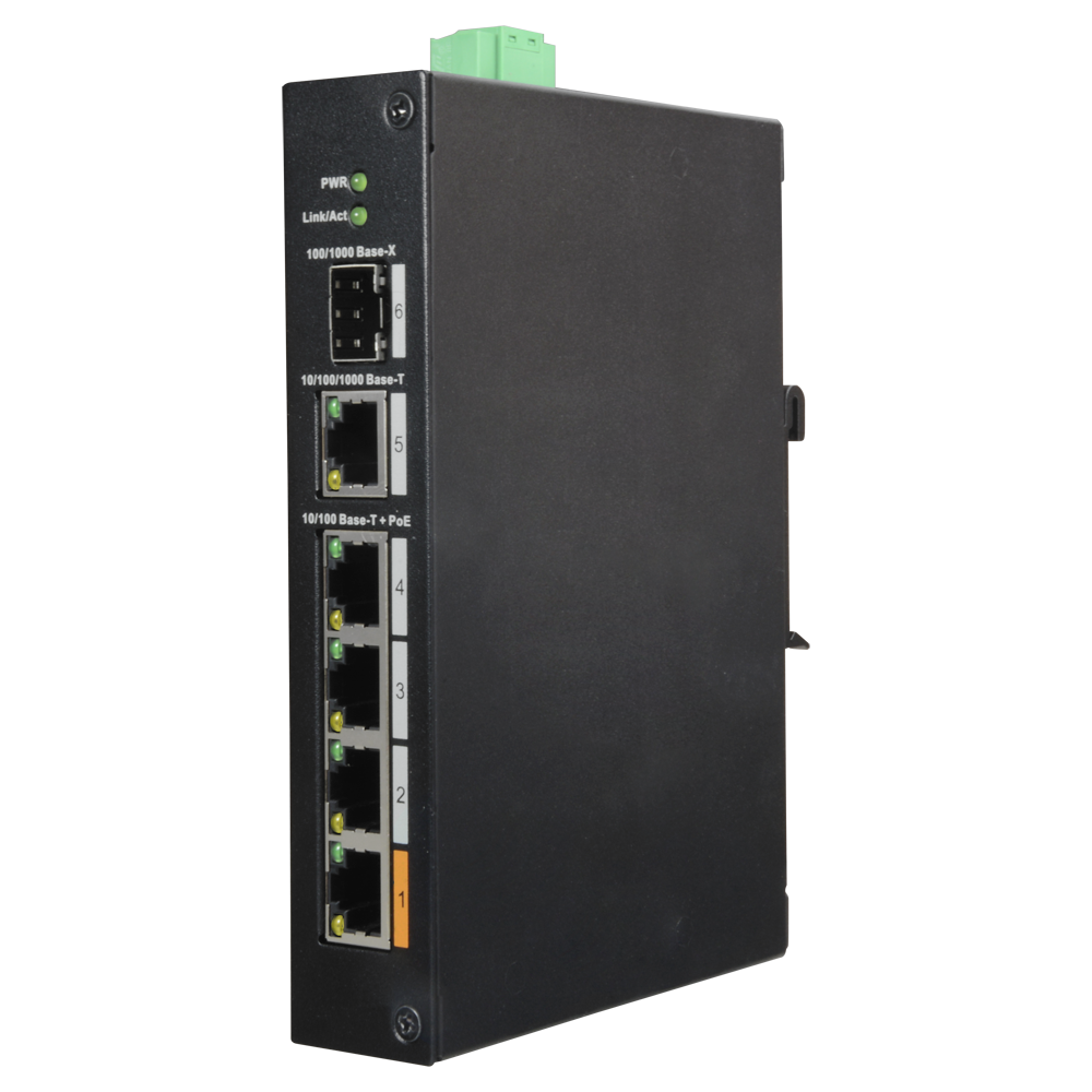 X-SECURITY XS-SW0604HIPOE-F-60-DIN - Switch PoE X-Security - 4 puertos PoE +1 SFP +1 Uplink Gigabit - Velocidad 10/100/1000 Mbps - 60W puerto 1 / 30W puerto 2-4 / Máximo 60W - Hi-PoE / IEEE802.3at (PoE+) / af (PoE) - Montaje en carril DIN - imagen 1
