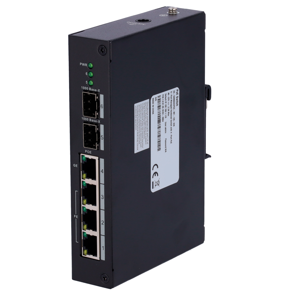X-SECURITY XS-SW0604HIPOE-MF-120-DIN - X-Security Industrial L2 Managed Switch - 6 Puertos Totales (4 PoE / 2 Uplinks 1G SFP) - Diseño industrial Fanless de disipación natural - Suministro Hi-PoE de alta potencia de hasta 60W - Alta disponibilidad con sop - imagen 1