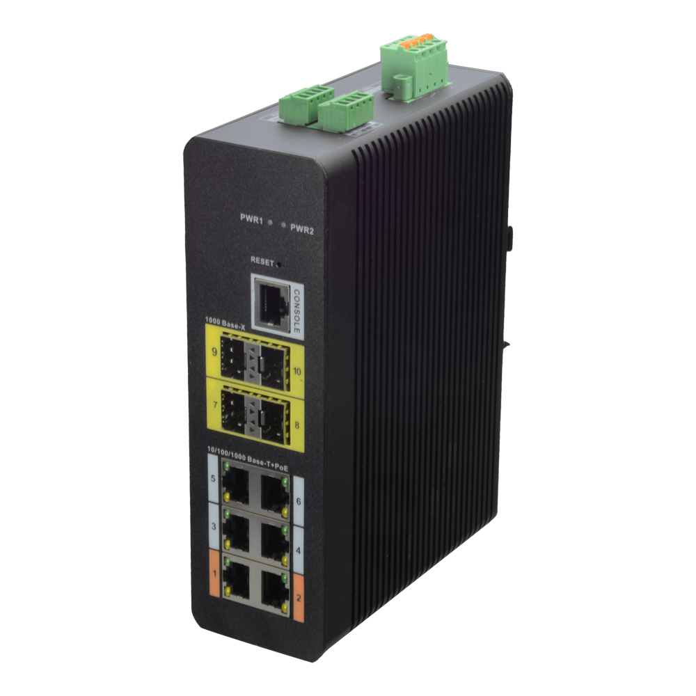 X-SECURITY XS-SW1006HIPOE-MFG-120-DIN - X-Security Industrial L2 Managed Switch - 10 Puertos Totales (6 PoE GE / 4 Uplinks 1G SFP) - Suministro de ultra potencia PoE++ de hasta 90W - Alta disponibilidad con soporte de anillo ERPS - Tolerancia térmica extr - imagen 1