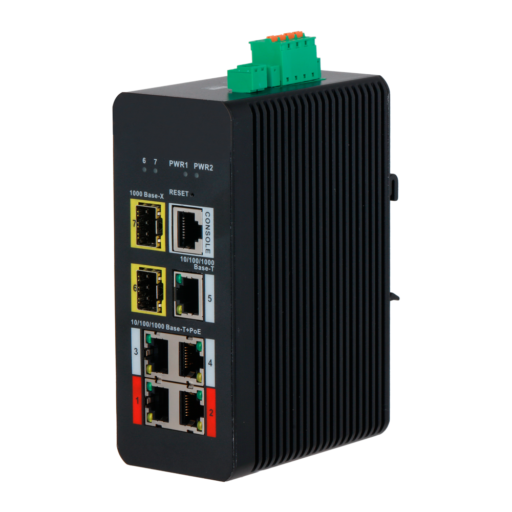 X-SECURITY XS-SWI0704HIPOE-MGF-120-DIN - X-Security Industrial L2 Managed Switch - 7 Puertos Totales (4 PoE GE / 1 GE / 2 SFP) - Suministro de ultra potencia PoE++ de hasta 90W - Alta disponibilidad con soporte de anillo ERPS - Tolerancia térmica extrema - imagen 1