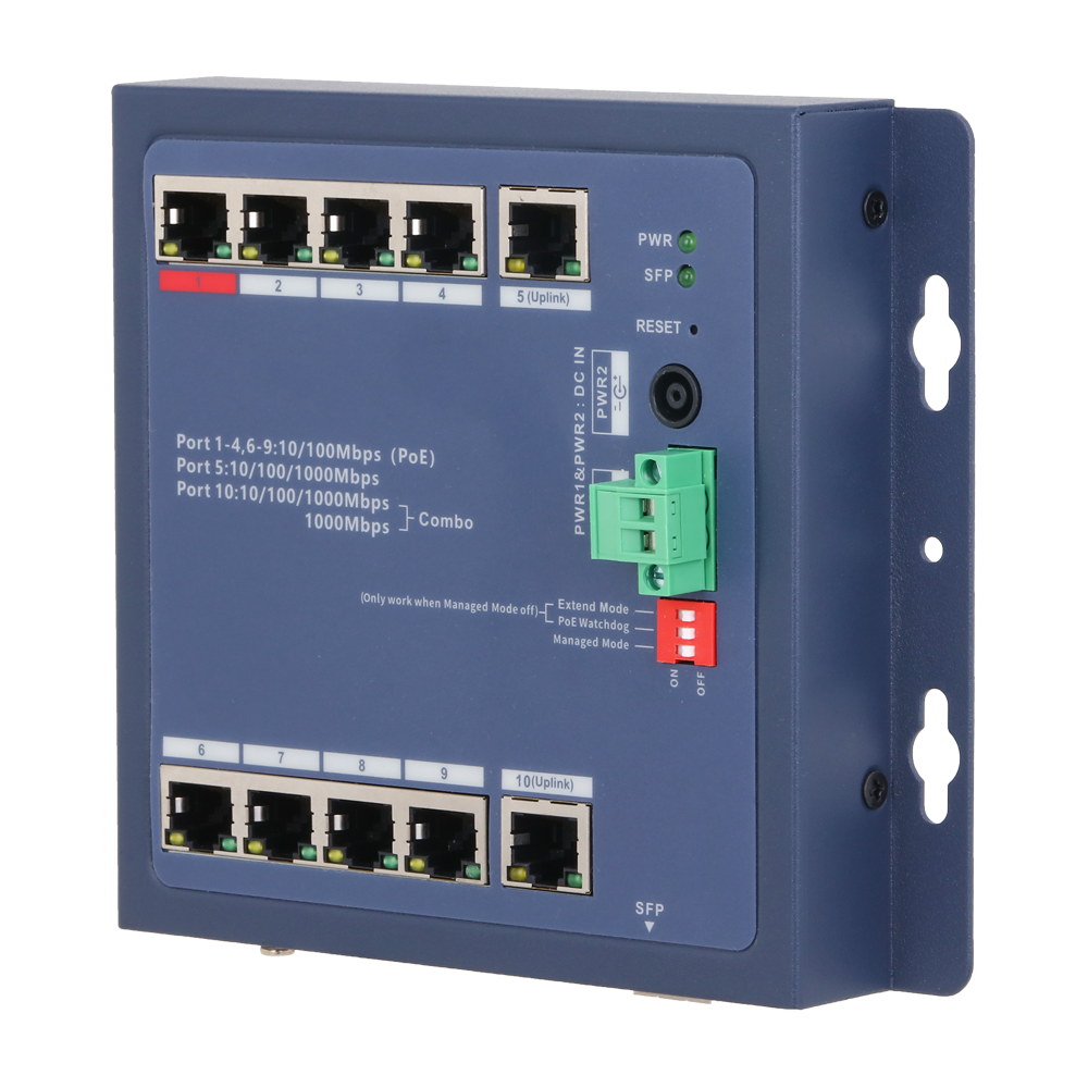 X-SECURITY XS-SWI1008HIPOE-MFC-90-DIN - X-Security Industrial L2 Managed Switch - 8 puertos PoE 10/100 (Puerto 1 BT hasta 90W) - Uplink dual: 1x RJ45 Gigabit y 1x Combo Giga - Gestión centralizada mediante entorno Web local - DIP Switch: Modo Extend (250m - imagen 1