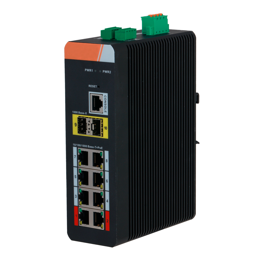 X-SECURITY XS-SWI1008HIPOE-MGF-120-DIN - X-Security Industrial L2 Managed Switch - 10 Puertos Totales (8 PoE GE / 2 Uplinks 1G SFP) - Suministro de ultra potencia PoE++ de hasta 90W - Alta disponibilidad con soporte de anillo ERPS - Tolerancia térmica ext - imagen 1