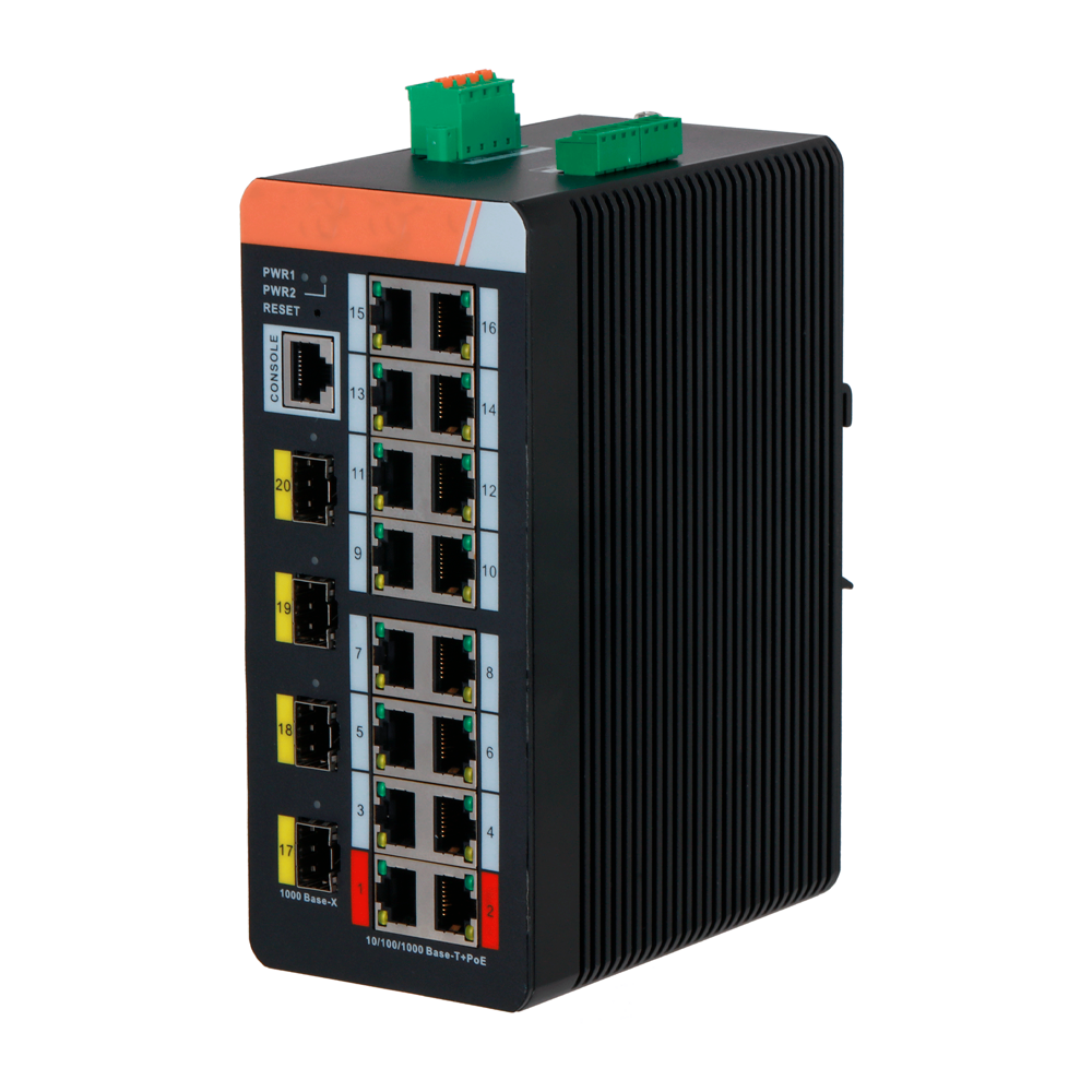 X-SECURITY XS-SWI2016HIPOE-MGF-240-DIN - X-Security Industrial L2 Managed Switch - 20 Puertos Totales (16 PoE GE / 4 Uplinks 1G SFP) - Suministro de ultra potencia PoE++ de hasta 90W - Alta disponibilidad con soporte de anillo ERPS - Tolerancia térmica ex - imagen 1