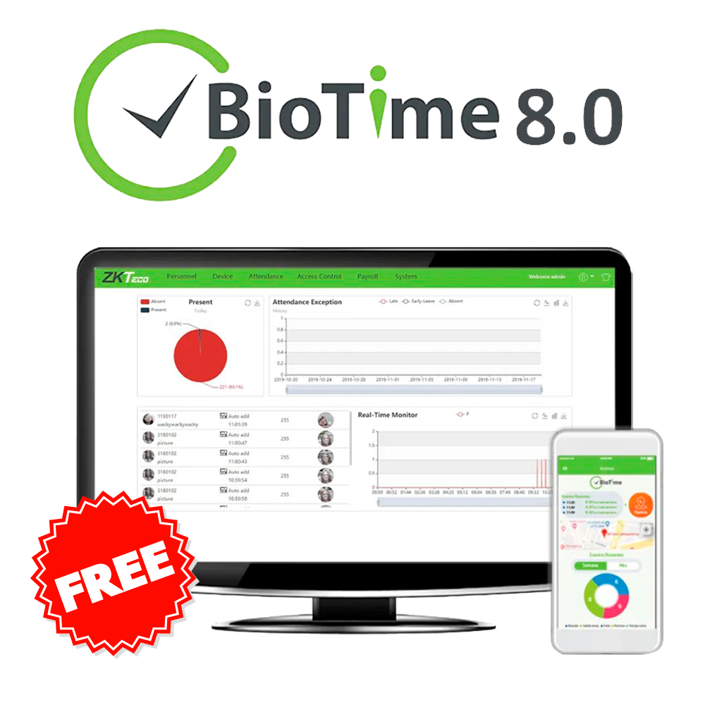 ZKTECO ZK-BIOTIME8-2 - Licencia software control de presencia - 2 dispositivos / 100 usuarios / 1 APP - Fichajes remotos con ZK-BIOTIMEAPP-x - Reportes básicos - Pago único | Licencia perpetua - Software instalado en PC o servidor