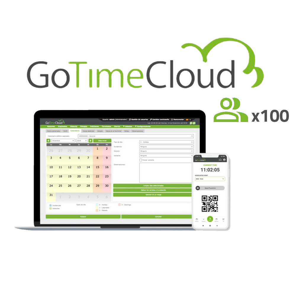 ZKTECO ZK-GOTIMECLOUD-100 - Licencia nube control de presencia - 100 usuarios / 100 APPs incluidas - Fichajes remotos con localización GPS - Reportes con incidencias, bolsas y fórmulas - Pago anual | Precio usuario/año - 10% promocional en bono Visiotech