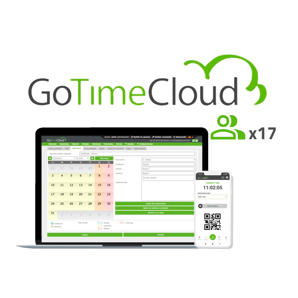 ZKTECO ZK-GOTIMECLOUD-17 - Licencia nube control de presencia - 17 usuarios / 17 APPs incluidas - Fichajes remotos con localización GPS - Reportes con incidencias, bolsas y fórmulas - Pago anual | Precio usuario/año - 10% promocional en bono Visiotech