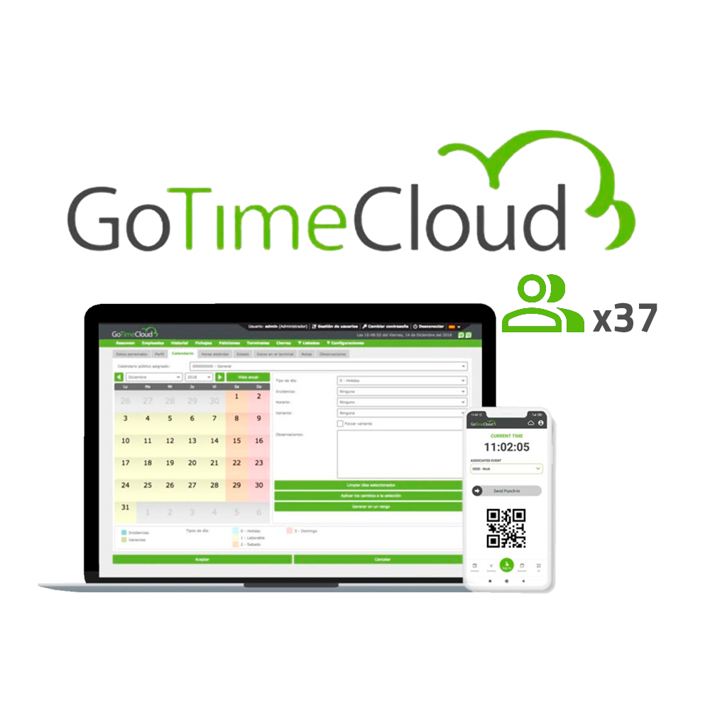 ZKTECO ZK-GOTIMECLOUD-37 - Licencia nube control de presencia - 37 usuarios / 37 APPs incluidas - Fichajes remotos con localización GPS - Reportes con incidencias, bolsas y fórmulas - Pago anual | Precio usuario/año - 10% promocional en bono Visiotech