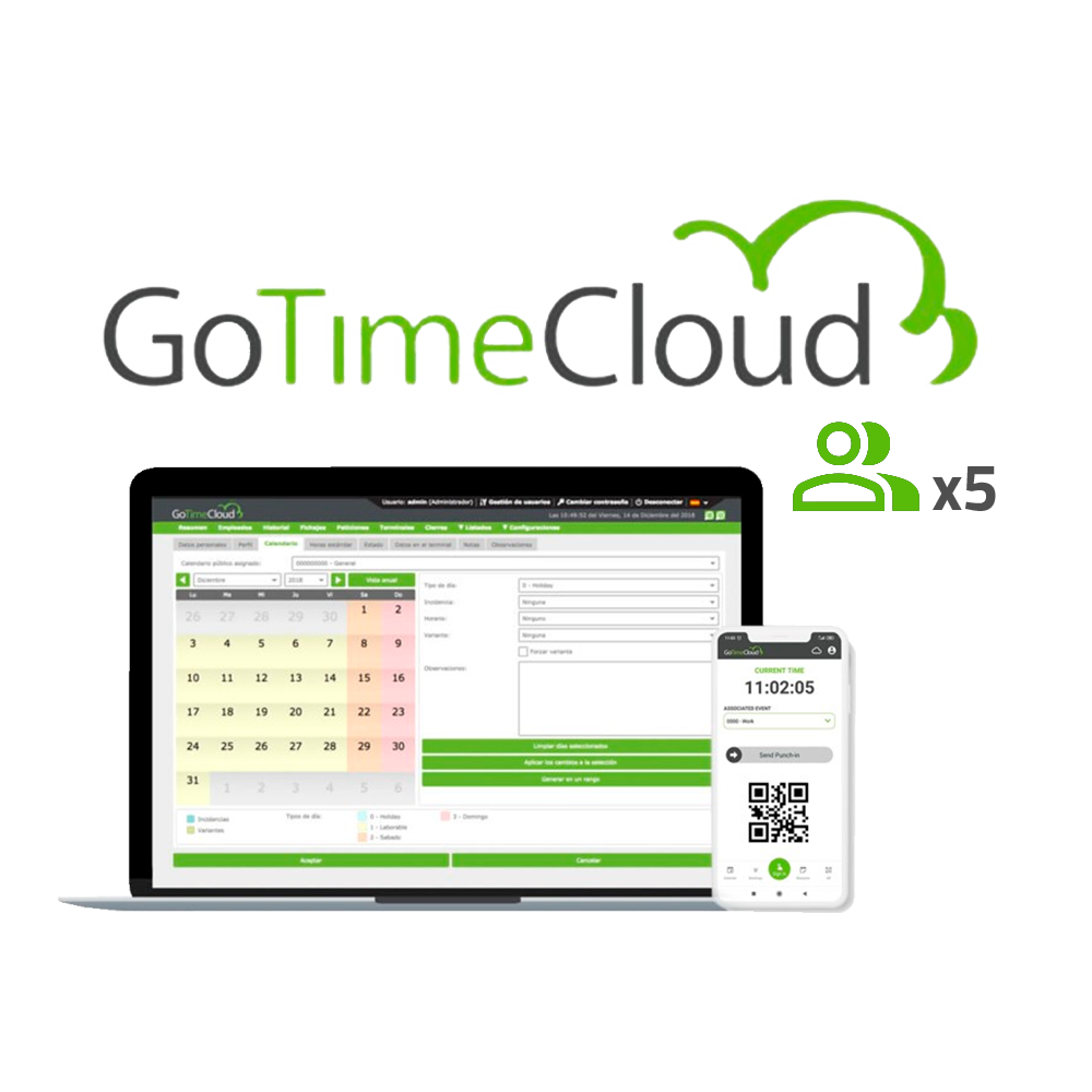 ZKTECO ZK-GOTIMECLOUD-5 - Licencia nube control de presencia - 5 usuarios / 5 APPs incluidas - Fichajes remotos con localización GPS - Reportes con incidencias, bolsas y fórmulas - Pago anual | Precio usuario/año - 10% promocional en bono Visiotech