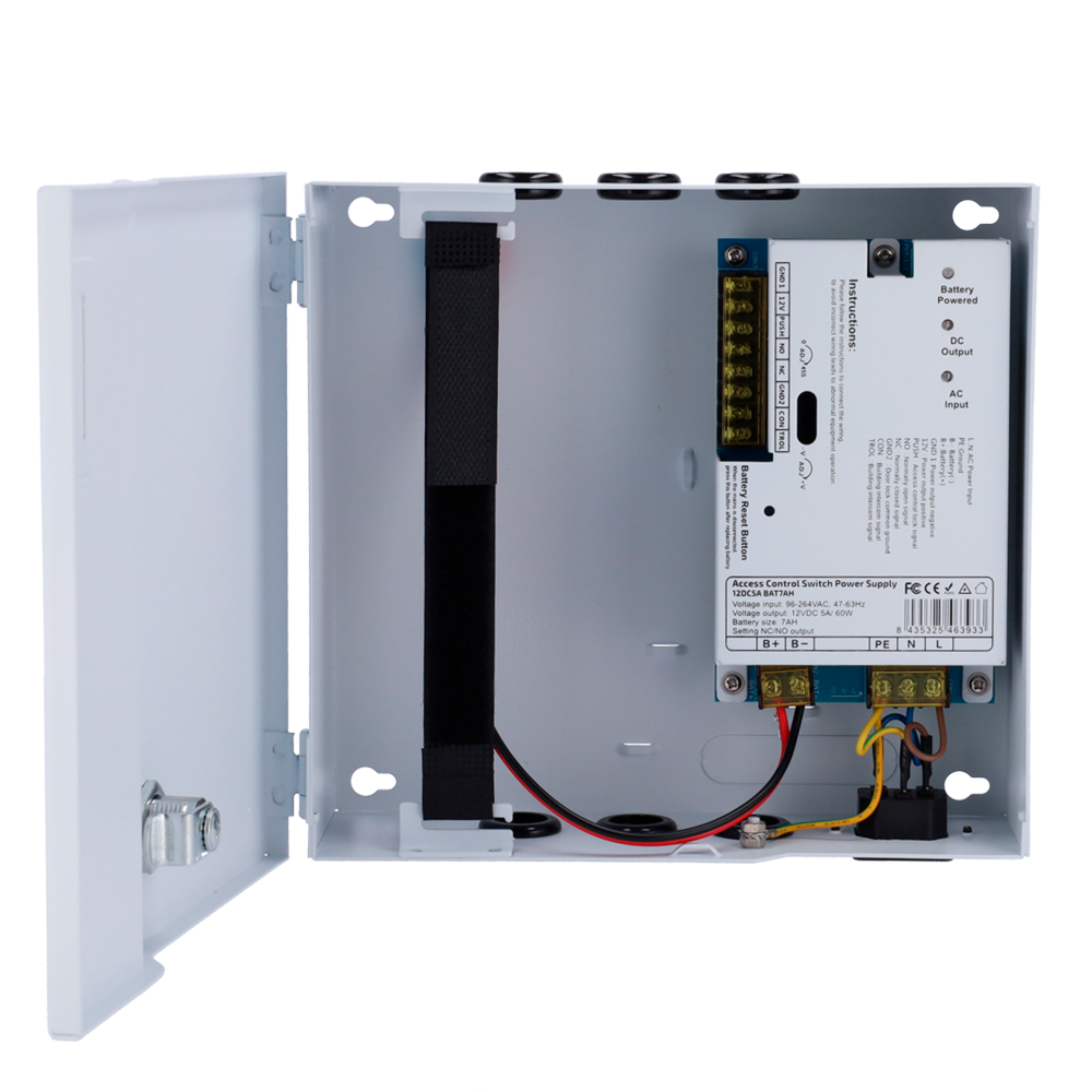 MARCA BLANCA AC-12DC5A-BAT7AH - Alimentador para control de acceso - Configurable NO/NC - Salida DC 11-14V / 5A / 60W - Caja de metal con cerradura - Apto para batería auxiliar 12V / 7Ah - Montaje en superficie - imagen 2