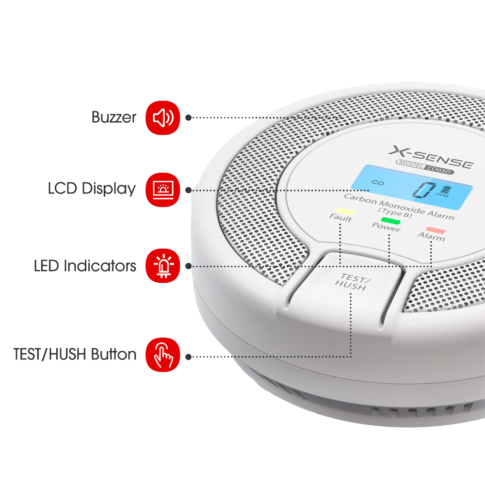 X-SENSE CO03D - Detector de CO autónomo X-Sense - Batería reemplazable - Indicador luminoso de alarma - Alarma sonora 85 dB a 3m - Botón de Test y pantalla LCD - Certificado EN 50291 - imagen 2