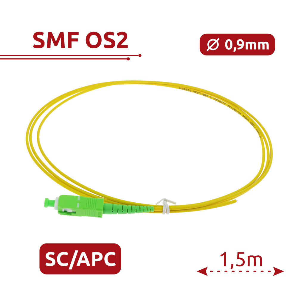 SAFIRE SF-SC-APC-OS2-0015M-D20-Y - Pigtail de fibra óptica simplex - Fibra monomodo G657A2 de alto rendimiento - Conector SC con pulido APC - Grosor de cable estándar de 2.0 mm - Longitud exacta de 1.5 metros - Cubierta exterior LSZH color amarillo - imagen 2