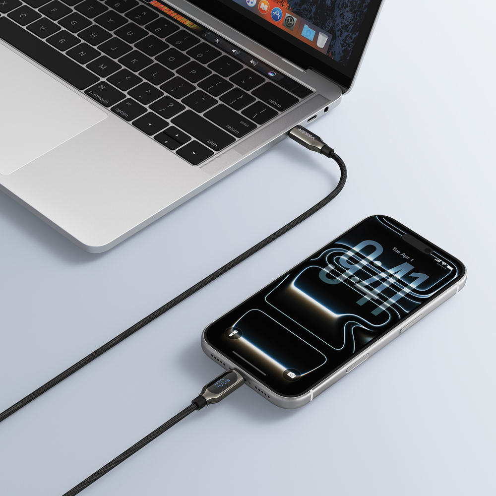 VEGER VG-CC1-XHJ - Veger - Cable USB 2.0 para cualquier dispositivo - USB-C a USB-C - Conector de aleación de Zinc con display digital - Carga rápida PD 100W | 480Mbps - Longitud 1.5m | Color negro - imagen 2
