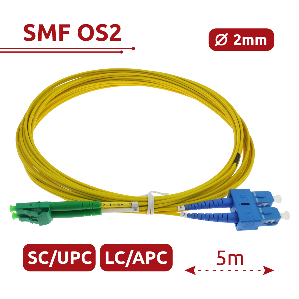 SAFIRE SF-LC-APC-SC-UPC-SM-DX-5M - Cable de conexión de fibra óptica dúplex - Fibra monomodo G657A2 de alto rendimiento - Conectores híbridos LC APC y SC UPC - Longitud exacta de 5 metros - Cubierta exterior LSZH color amarillo - Compatibilidad de uso gen - imagen 2