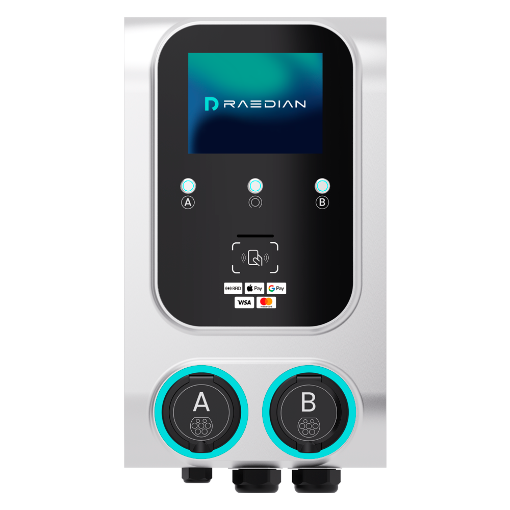 RAEDIAN RD-GEMINI-22WD-SS-M1-P2 - Cargador doble toma para vehículos eléctricos - Potencia 2x22kW / 32A / Trifásica - Conector tipo 2 - Protección IP55 - Comunicación 4G, LAN, WiFi, BLE - Medidor MID | Payter Nayax - imagen 2