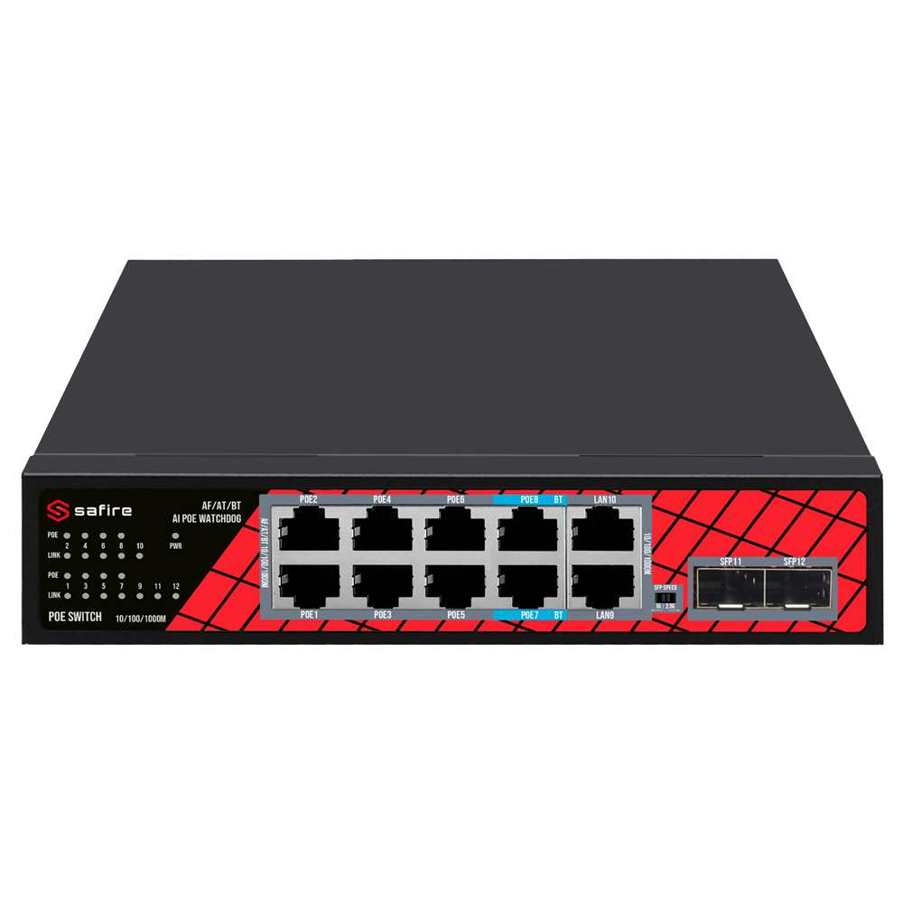 SAFIRE SF-SW1208HIPOE-GMF-120 - Safire Switch Hi-PoE - 8 puertos PoE + 2 SFP + 2 RJ45 - Velocidad de puertos Gigabit 10/100/1000Mbps - 6 Puertos PoE+ 30W + 2 Puertos Hi-PoE 60W - PoE Watchdog - Hasta 120W Potencia PoE total - imagen 2