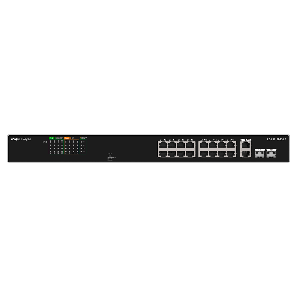 REYEE RG-ES118FGS-LP - Reyee Switch PoE Sobremesa - Carcasa Metal - Enracable - 16 Puertos RJ45 10/100 Mbps + 2 Uplink Gigabit - 16 Puertos PoE+ 802.3af/at | Potencia total 120W - Plug and Play - Tecnología ahorro de energía - imagen 2