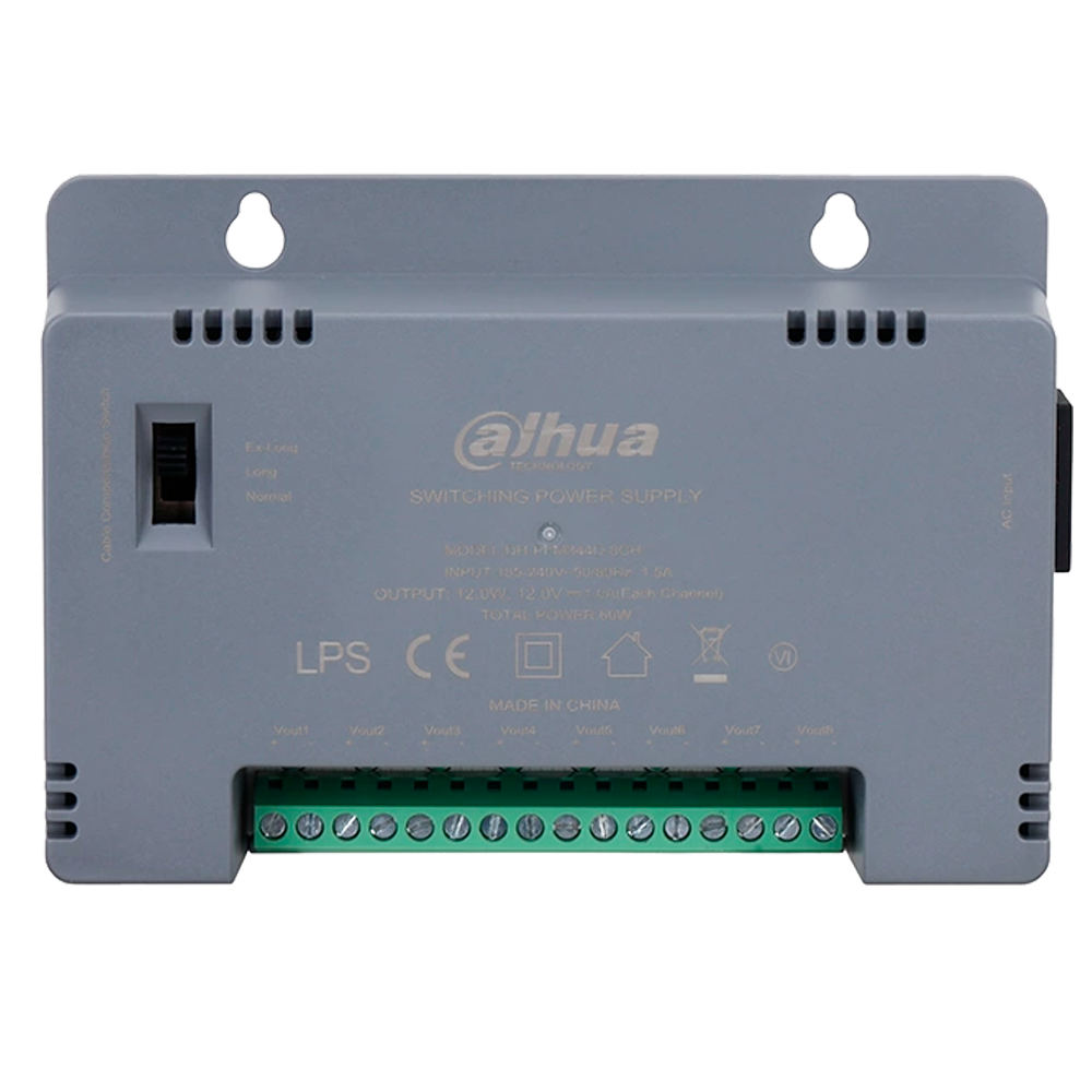 DAHUA PFM344D-8CH - Fuente de alimentación conmutada - Entrada AC 185-240V - 50/60Hz 1.5A - Potencia total 60W - 8 salidas - Voltaje de salida Ajustable a 3 niveles - Salida DC 12 V / 12 W - imagen 2