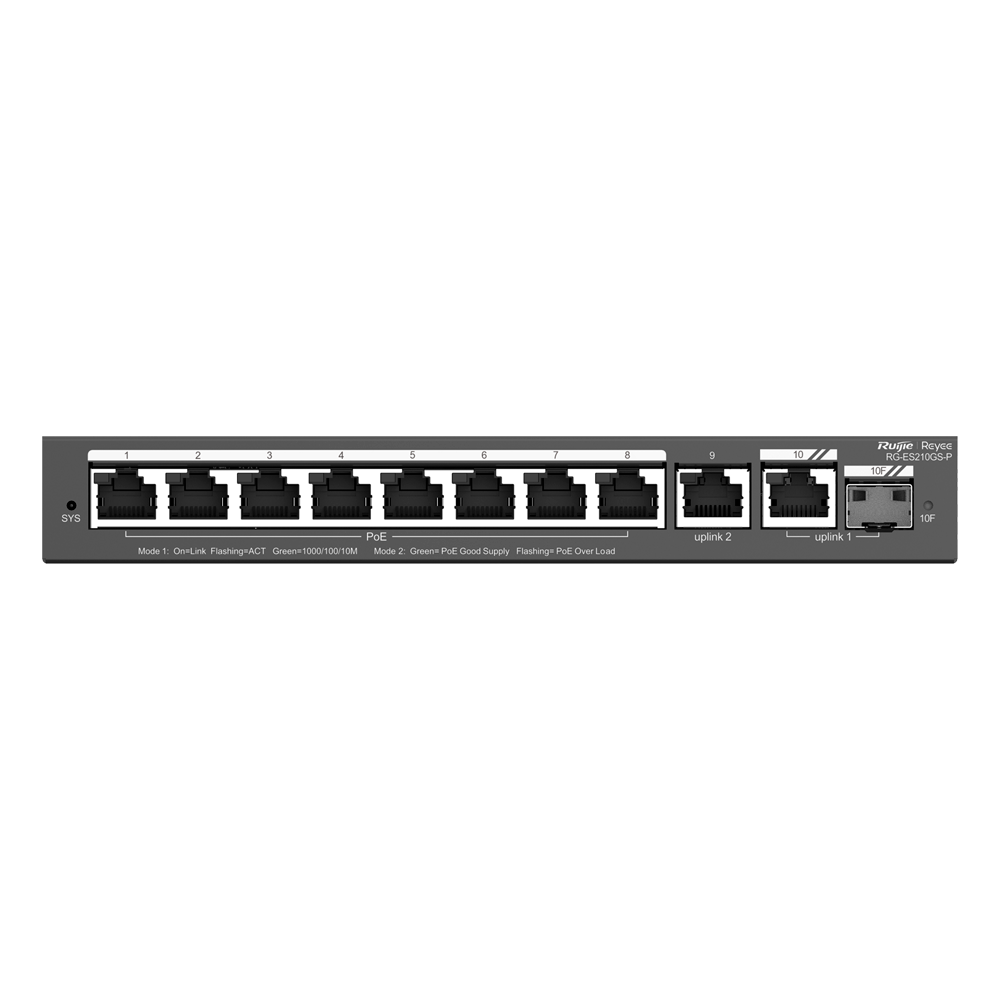 REYEE RG-ES210GS-P - Ruijie Reyee Cloud Managed L2 Switch - 8 Puertos Gigabit PoE/PoE+ + 1 Enlace Combo GE - Ranura SFP Gigabit para enlaces de fibra óptica - Potencia PoE+ de 30W por puerto / Total 120W - Sistema PoE Watchdog para autoreinicio de cámaras - imagen 2