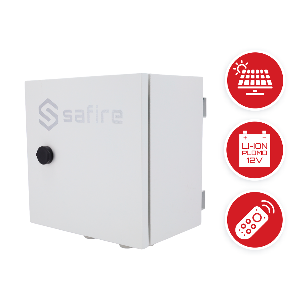 SAFIRE SF-BOX3030DC4POE-LITIO - Smartbox Solar con entrada <45VDC - Control remoto por software - Switch POE con 2 bocas 90W y dos de 30W - Protecciones electricas integradas - Soporte de báculo y pared | IP65 - Batería Litio y plomo compatible - imagen 2
