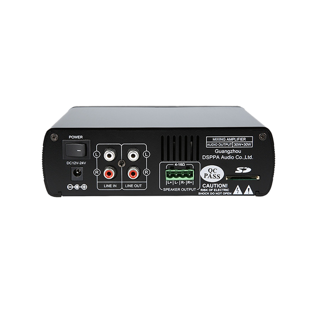 DSPPA-MINI60 - Amplificador mezclador DSPPA - Estéreo baja impedancia 4-16 Ω - 2 canales x 30 W / Clase D - 1 Mic con grabación / 1 Aux / 1 Line Out - Reproductor USB / Radio FM / Bluetooth - Mando a distancia | DC 12-24V - imagen 2
