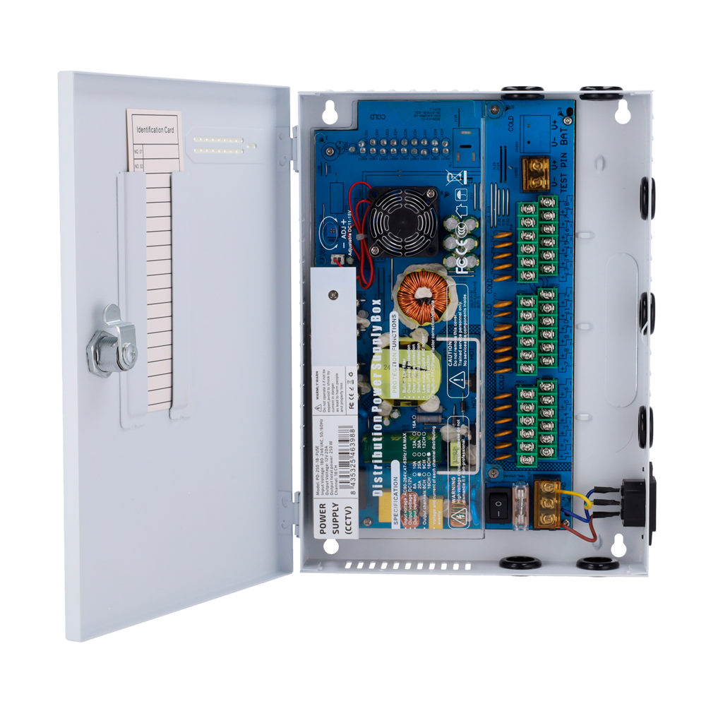 OEM PD-250-18-FUSE - Caja de distribución de alimentación - Entrada AC 180 V~246 V - 18 salidas Fuse - Protección por fusible rearmable - Voltaje de salida 12 V / 250 W - Carcasa metálica - imagen 2