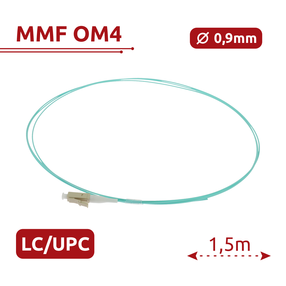 SAFIRE SF-LC-UPC-OM4-0015M-D09-A - Pigtail de fibra óptica simplex - Fibra multimodo OM4 de alta velocidad - Conector LC con pulido UPC - Diámetro ultrafino de 0.9 mm (tight buffer) - Longitud exacta de 1.5 metros - Cubierta exterior LSZH color Aqua - imagen 2