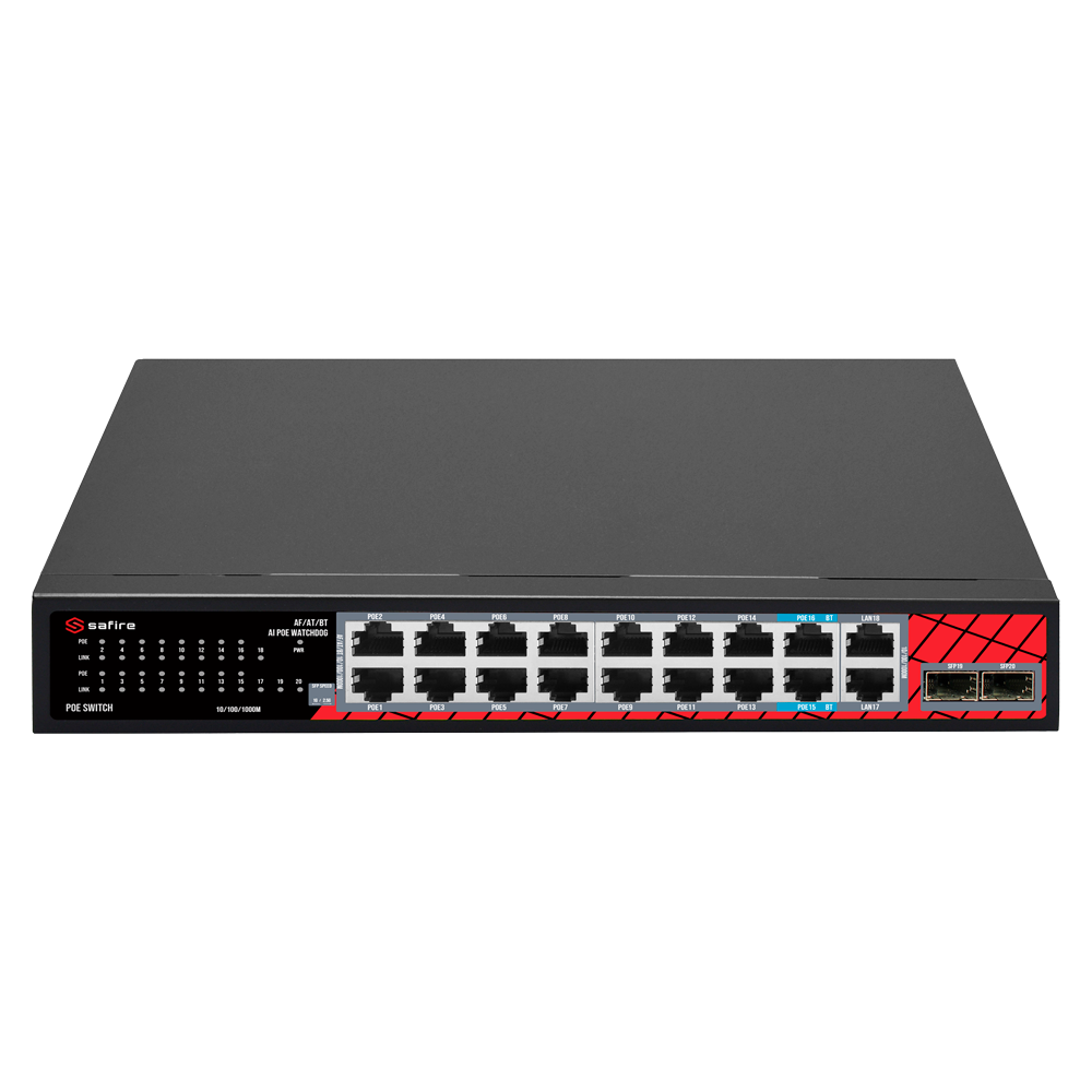 SAFIRE SF-SW2016HIPOE-GMF-240 - Safire Switch Hi-PoE - 16 puertos GE PoE + 2 SFP + 2 RJ45 - Velocidad de puertos 10/100/1000/2500 Mbps - 14 Puertos PoE+ 30W + 2 Puertos Hi-PoE 60W - PoE Watchdog - Hasta 240W Potencia PoE total - imagen 2