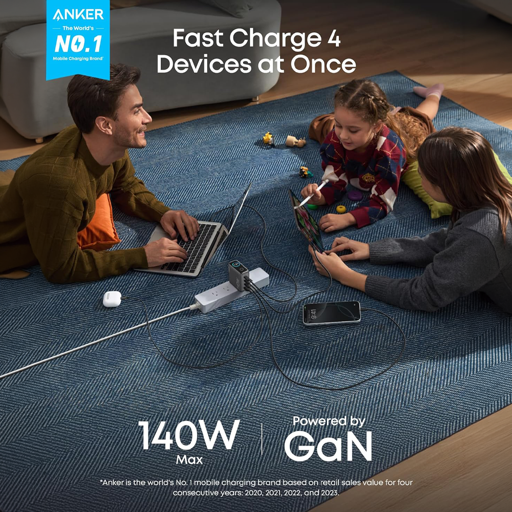 ANKER ANK-2697-140W1A3C-G - Anker - Cargador USB plegable - Potencia 140W | Display inteligente - Carga rápida | Tecnología GaN - Salidas 1x USB-A, 3x USB-C - Color gris | Cable 1.5m incluido - imagen 2