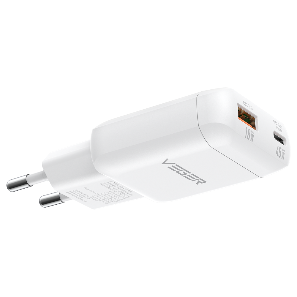 VEGER VG-TR121-Kit-45W1A1C - VEGER - Cargador de pared - Carga rápida 45W | Con tecnología GaN - Salidas USB-C, USB-A - Cable USB-C a USB-C 1.2m incluido - Color blanco - imagen 2