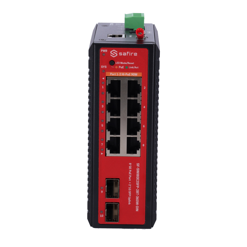 MARCA BLANCA SF-SWI8GE2SFP-2BT-360W-DIN - Switch L2+ gestionable con 8x RJ45 y 2x SFP - 8 puertos PoE Gigabit con soporte IEEE 802.3bt - Doble salida dedicada de alta potencia de 90W - Arquitectura industrial sin ventilador (Fanless) - Enrutamiento estáti - imagen 2