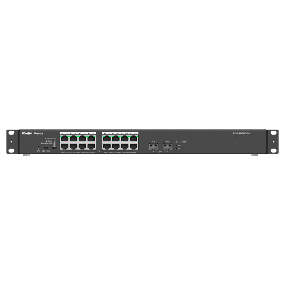 REYEE RG-ES118GS-P-L - Reyee Switch PoE Sobremesa - 16 Puertos RJ45 + 2 Uplink SFP - 16 Puertos Gigabit + 2 Puertos Gigabit - 16 Puertos PoE+ 802.3af/at | Potencia total 247W - Aislado de Puertos / Flow Control - Plug and Play - imagen 2