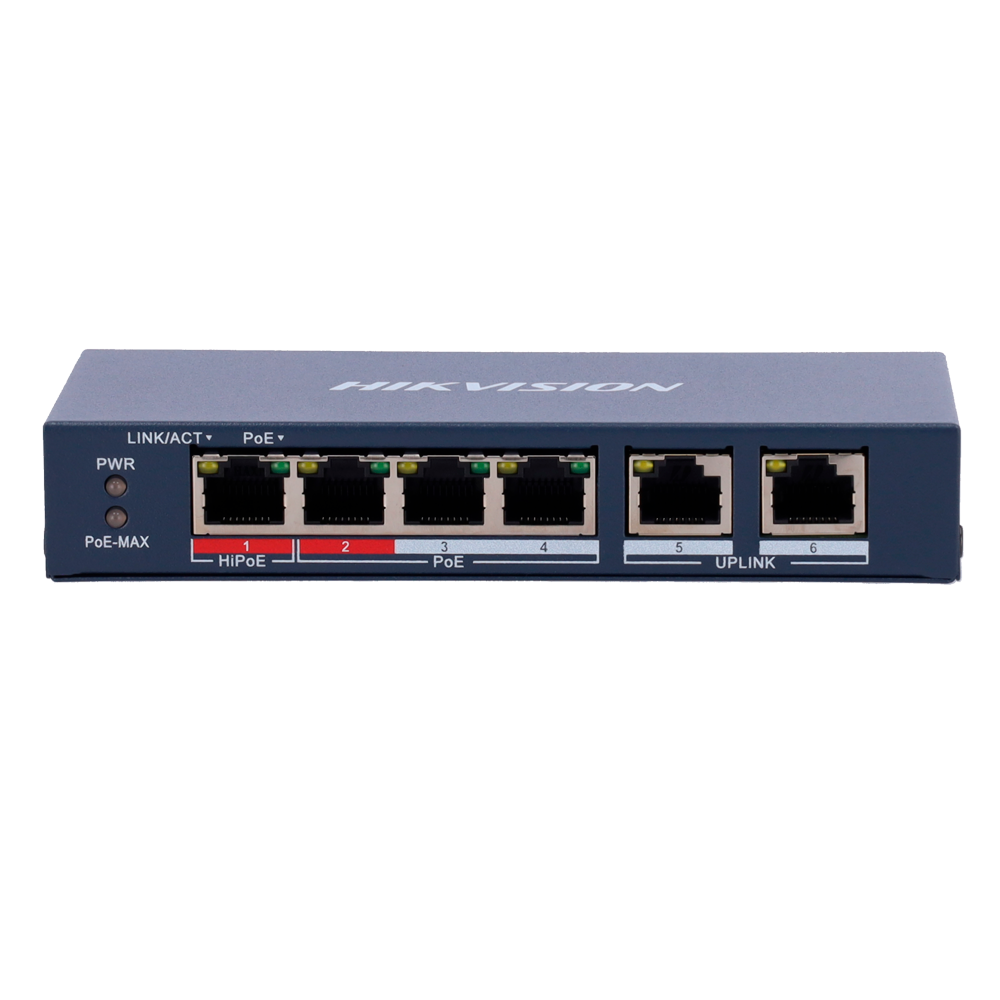 HIKVISION DS-3E0106HP-E - Switch PoE Hikvision - 4 puertos 10/100 Mbps PoE + 2 Uplink 10/100Mbps - 1 Puerto PoE++ 802.3af/at/bt - Hasta 110W de Potencia PoE Total - Instalación en pared o sobremesa - imagen 2