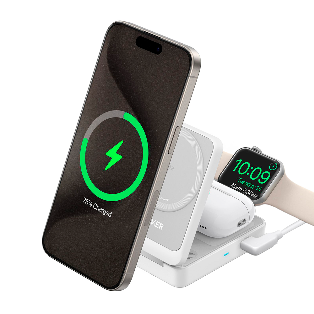 ANKER ANK-2557-3-IN-1-W - Cargador inalámbrico 3 en 1 Anker - Tecnología Magsafe - Carga rápida: iPhone, Airpods, Apple Watch - Carga 3 dispositivos a la vez - Acepta modo vertical o horizontal - Plegable | Color blanco - imagen 2