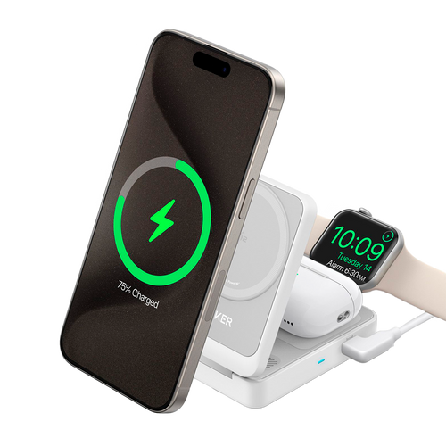 ANKER ANK-2557-3-IN-1-W - Cargador inalámbrico 3 en 1 Anker - Tecnología Magsafe - Carga rápida: iPhone, Airpods, Apple Watch - Carga 3 dispositivos a la vez - Acepta modo vertical o horizontal - Plegable | Color blanco - imagen 2