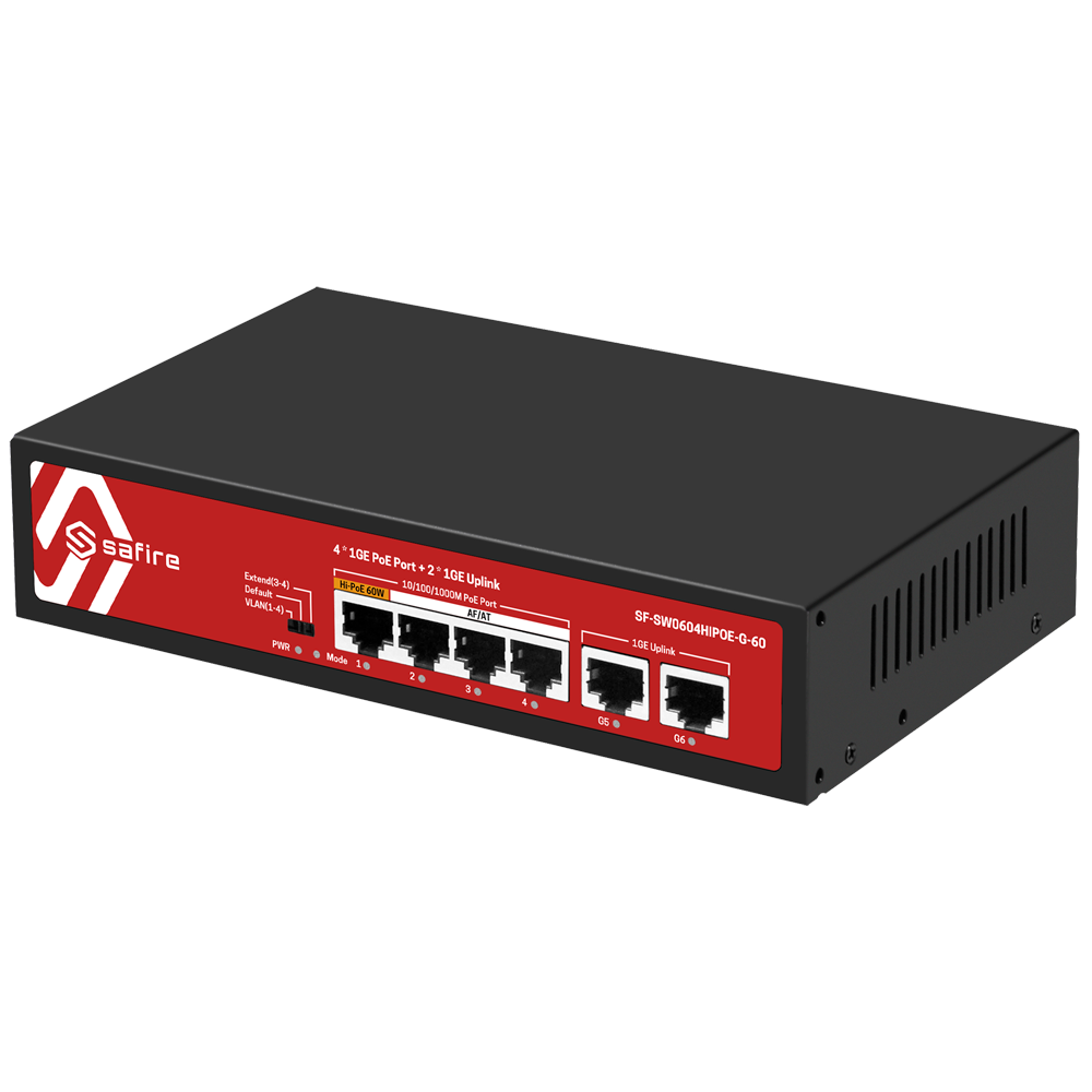 SAFIRE SF-SW0604HIPOE-G-60 - Safire Switch PoE - 4 puertos PoE + 2 Uplink RJ45 - Velocidad de puertos 10/100/1000 Mbps - 1 puerto PoE++ y 3 Puertos PoE+ 30W - Potencia PoE total de 60W - PoE Watchdog / Auto PoE Extendido Hasta 250m - imagen 2