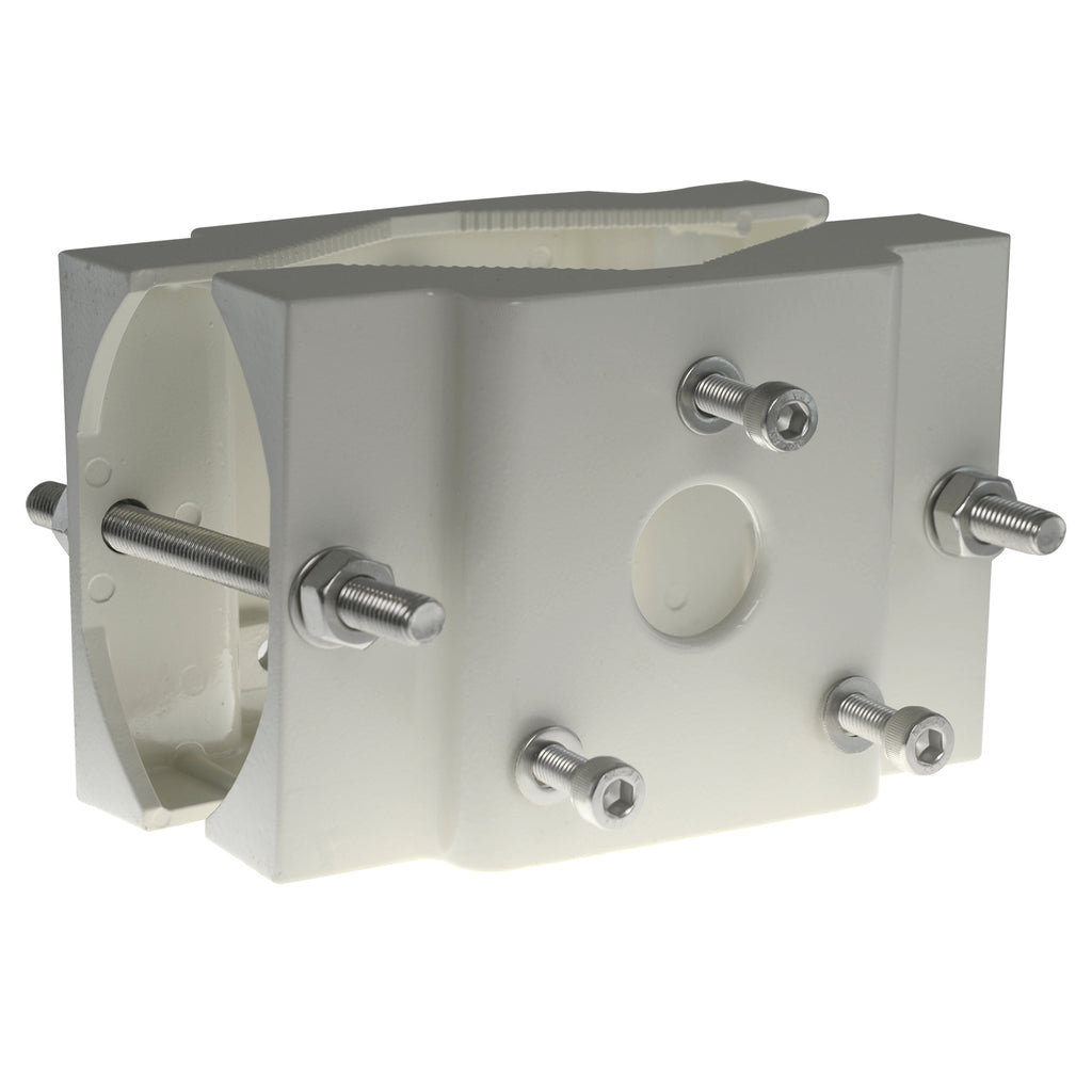 MARCA BLANCA SP804 - Soporte para mástiles/farolas - Rango diámetro 60~110 mm - Fijación en ambas caras - Apto para uso en exterior - Color blanco | 115 (Al) x 170 (An) mm - Pasador de cables - imagen 2