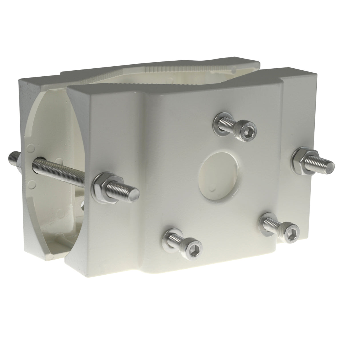 MARCA BLANCA SP804 - Soporte para mástiles/farolas - Rango diámetro 60~110 mm - Fijación en ambas caras - Apto para uso en exterior - Color blanco | 115 (Al) x 170 (An) mm - Pasador de cables - imagen 2
