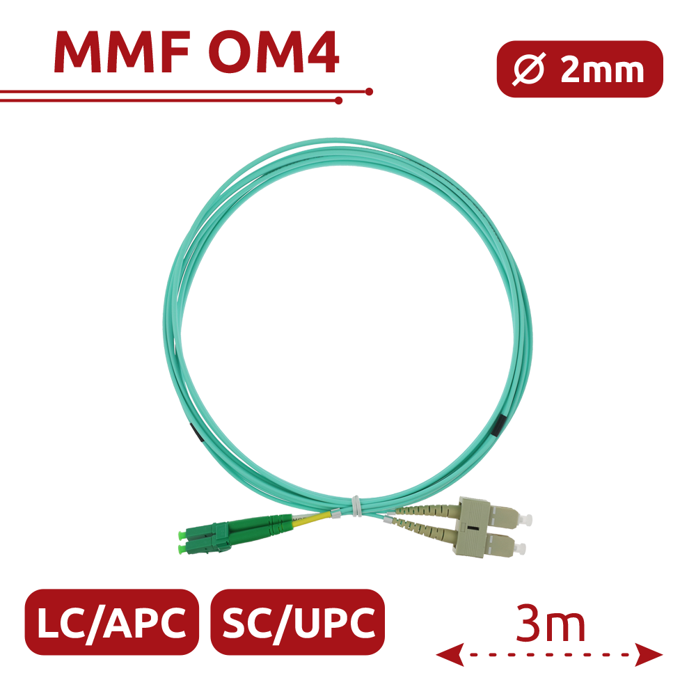 SAFIRE SF-LC-APC-SC-UPC-OM4-DX-3M - Cable de conexión de fibra óptica dúplex - Fibra multimodo OM4 de alta velocidad - Conectores híbridos LC APC y SC UPC - Longitud exacta de 3 metros - Cubierta exterior LSZH color Aqua - Compatibilidad de uso genérica u - imagen 2