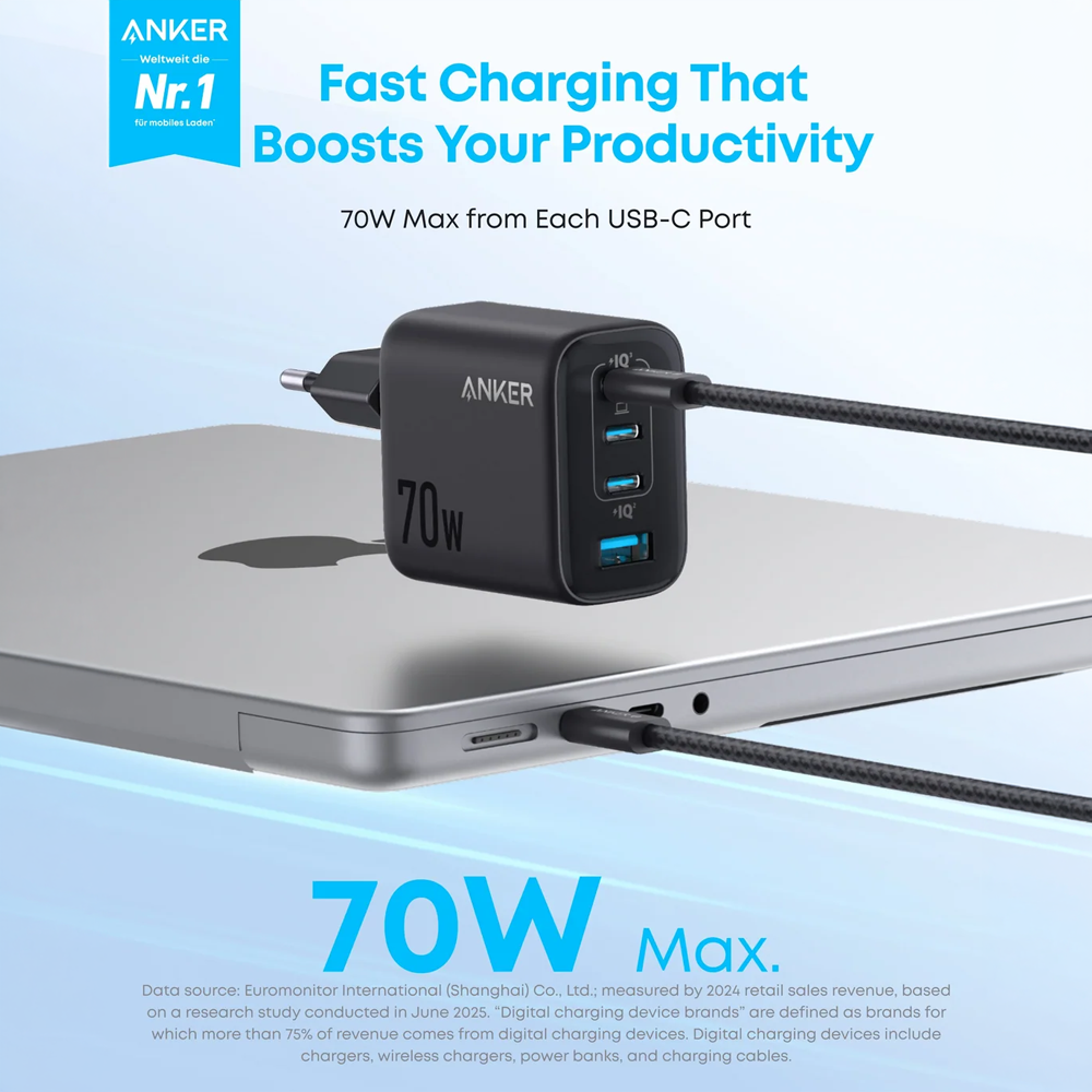 ANKER ANK-121-70W1A3C-B - Anker - Cargador USB - Potencia 70W - Carga rápida GaN | Display inteligente - Salidas 3x USB-C, 1x USB-A - Color negro | 4 dispositivos simultáneos - imagen 2