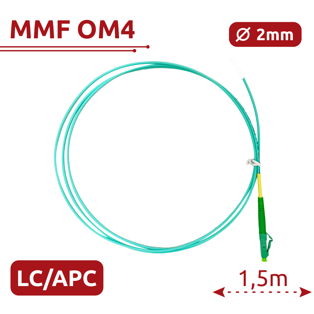 SAFIRE SF-LC-APC-OM4-0015M-D20-A - Pigtail de fibra óptica simplex - Fibra multimodo OM4 de alta velocidad - Conector LC con pulido APC - Grosor de cable estándar de 2.0 mm - Longitud exacta de 1.5 metros - Cubierta exterior LSZH color Aqua - imagen 2
