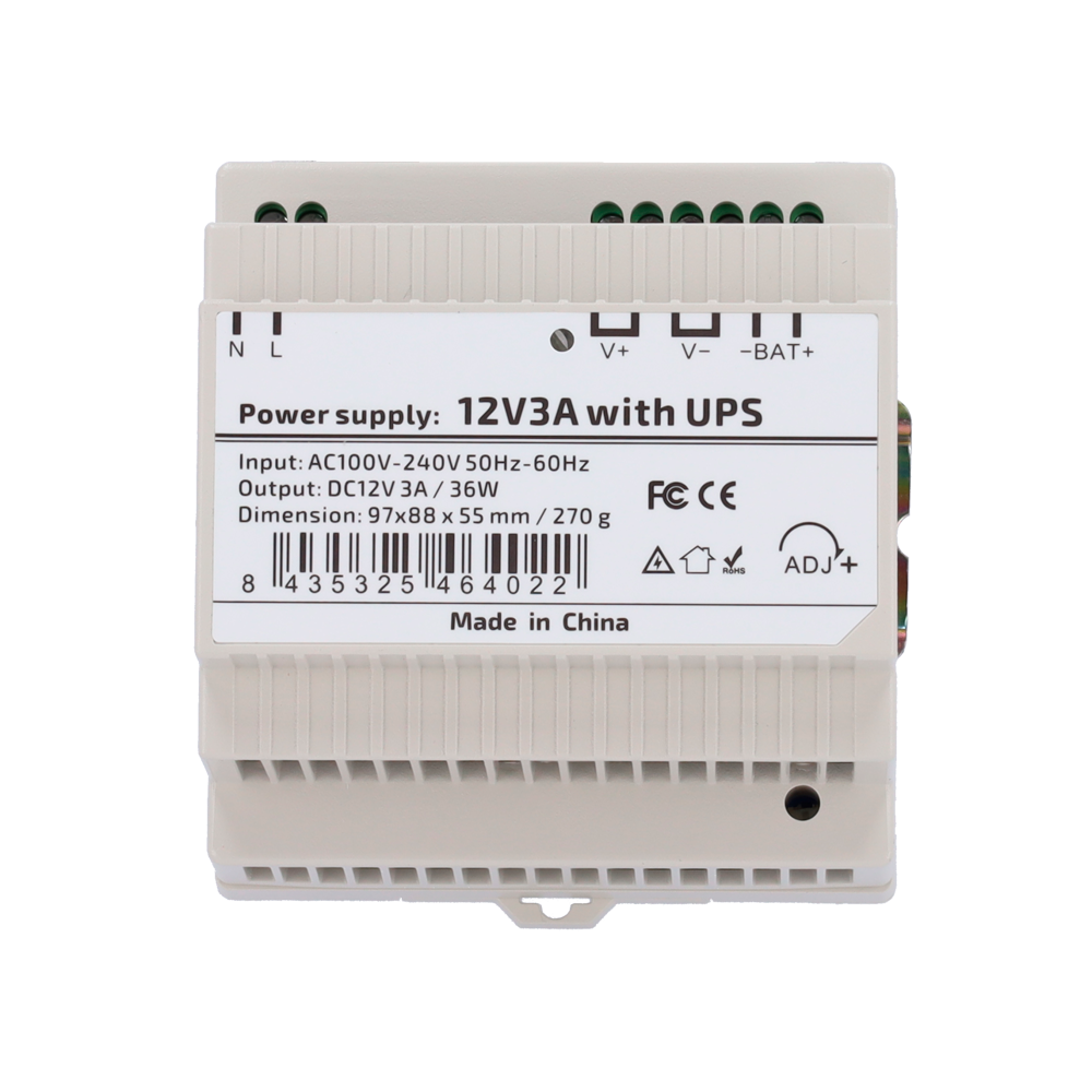 STEADY DC12V3A-DIN-UPS-P - Fuente de alimentación con función UPS - Salida DC 12 V 3 A / 36 W - Voltaje entrada AC 100V ~ 240V 50Hz-60Hz - 97 (Fo) x 55 (Al) x 88 (An) mm - Montaje en carril DIN - Protección: Sobrecarga/Sobrevoltaje/Cortocircuito - imagen 2