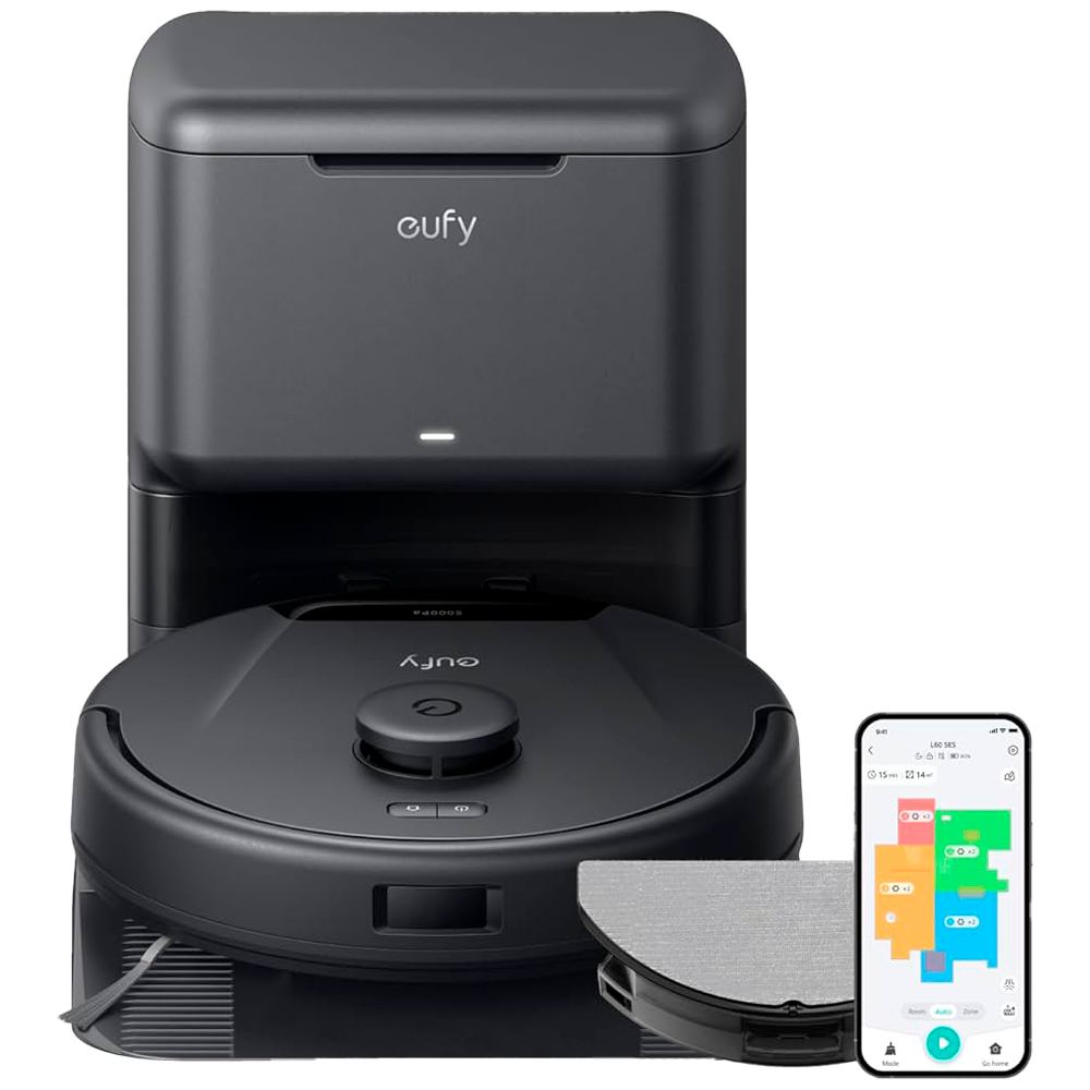 EUFY-CLEAN-ROBOVAC-L60-HYBRID-SES - Robot aspirador y trapeador Eufy by Anker - Potencia máxima de 5000 Pa - Capacidad depósito Polvo 350 ml y agua 280 ml - Tecnología BoostIQ™️ / Navegación láser iPath - Mapas Varios Pisos - Compatible con Amazon Alexa y - imagen 2