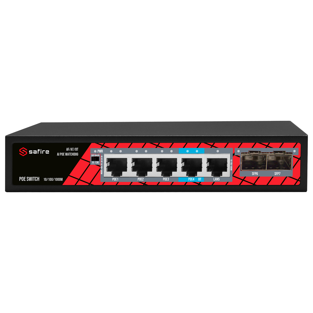 SAFIRE SF-SW0704HIPOE-GMF-65 - Safire Switch PoE - 4 puertos PoE + 1 Uplink RJ45 + 2 SFP (1G/2,5G) - Velocidad de puertos 10/100/1000 Mbps - 4 Puertos PoE+ 30W ( puerto 4 hasta 60w ) - Potencia PoE total de 65W - PoE Watchdog / Auto PoE Extendido Hasta 13 - imagen 2