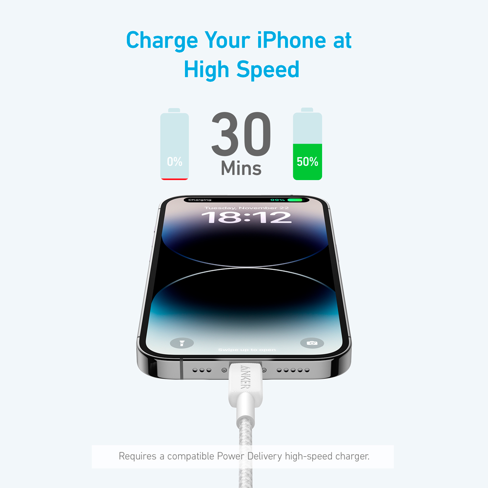 ANKER ANK-322-USBC-LGT-90-W - Anker - Cable USB2.0 - USB-C a Lightning - Cable de nylon trenzado - Longitud 0.9m - Carga rápida | Color blanco - imagen 2