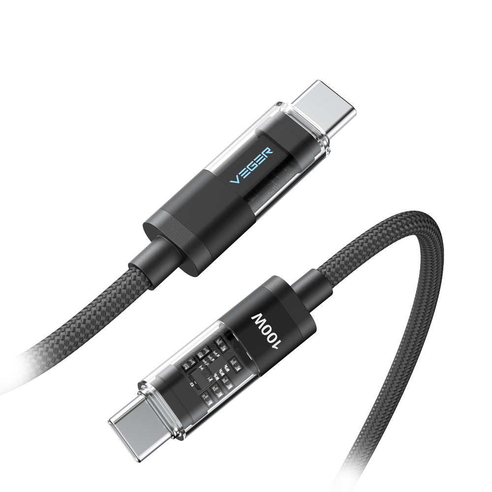 VEGER VG-CC16 - Veger - Cable USB 2.0 para cualquier dispositivo - USB-C a USB-C - Cubierta de metal con LED, Nylon trenzado - Carga rápida PD 100W | 480Mbps - Longitud 1.5m | Color negro - imagen 2