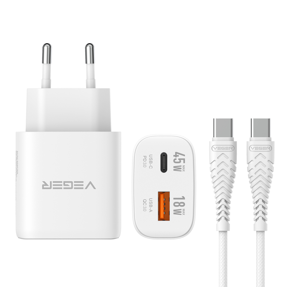 VEGER VG-TR101-kit-45W1A1C - VEGER - Cargador de pared con cable incluido - Potencia 45W | Con tecnología GaN - Carga rápida - Salidas USB-C, USB-A, Cable USB-C - Color blanco - imagen 2