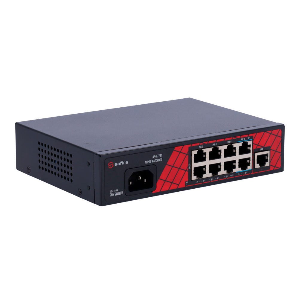 SAFIRE SF-SW0908HIPOE-120 - Safire Switch Hi-PoE - 8 puertos PoE + 1 Uplink RJ45 - Velocidad de puertos 10/100Mbps - 6 Puertos PoE+ 30W + 2 Puertos Hi-PoE 60W - Potencia PoE total de 120W / PoE Watchdog - Auto Adaption PoE Extendido Hasta 250m - imagen 2