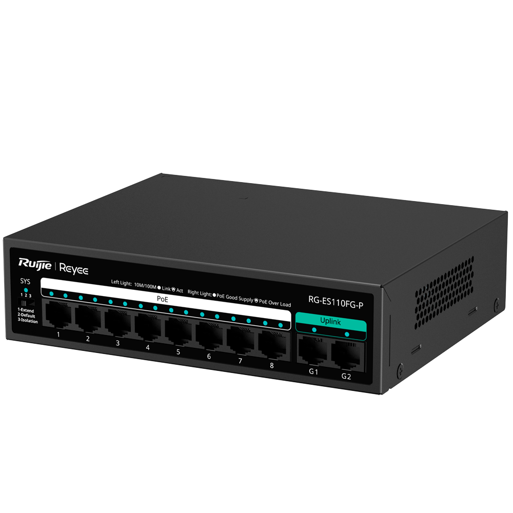 REYEE RG-ES110FG-P - Reyee Switch PoE Sobremesa - Carcasa Metal - 8 puertos RJ45 10/100 Mbps - 8 Puertos PoE+ 802.3af/at + 2 Uplink 1G - Plug and Play - Tecnología de ahorro de energía - imagen 2